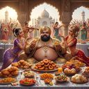 a richly dressed king seated before a vast spread of sweets, attended by musicians and dancers