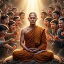 a monk sitting calm and unmoved in meditation, ringed by shouting, fist-shaking faces