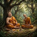 two monks slumped drowsy under a forest tree after their meal