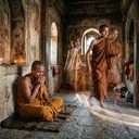 a monk biting his knuckles in remorse while a blur of his own restless figures paces the floor