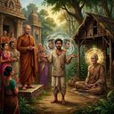 a layman weighing a monk against a forest ascetic, ghostly faces circling his head