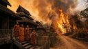 monks on the monastery steps watching the wildfire approach