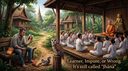 a distracted layman with beer and junk food on a bench beside white-robed learners meditating before a monk: learner, impure or wrong, it is still called jhāna