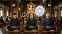three glassy-eyed men drooling on meditation cushions, transfixed by a glowing nimitta orb in a temple hall