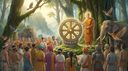 the Buddha teaching the Dhamma wheel to a gathering